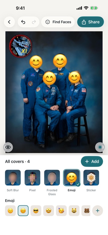 The same photo with every face replaced by a smiling emoji, and the row of emoji below.